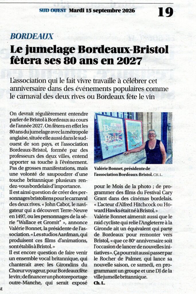 Le jumelage Bordeaux-Bristol fêtera ses 80 ans en 2027